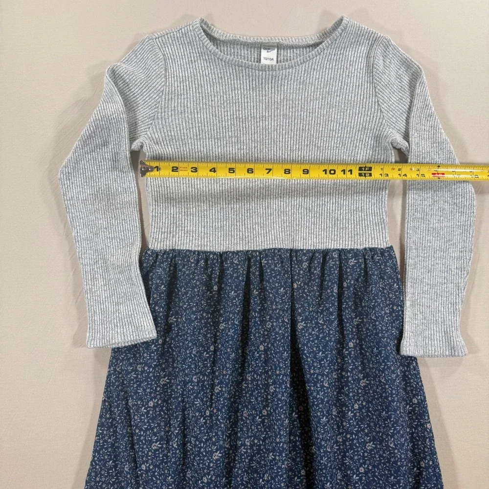 OshKosh Bgosh Girls Grey Ribbed Knit Navy Floral Long Sleeve Dress Size‎ 10 10A
